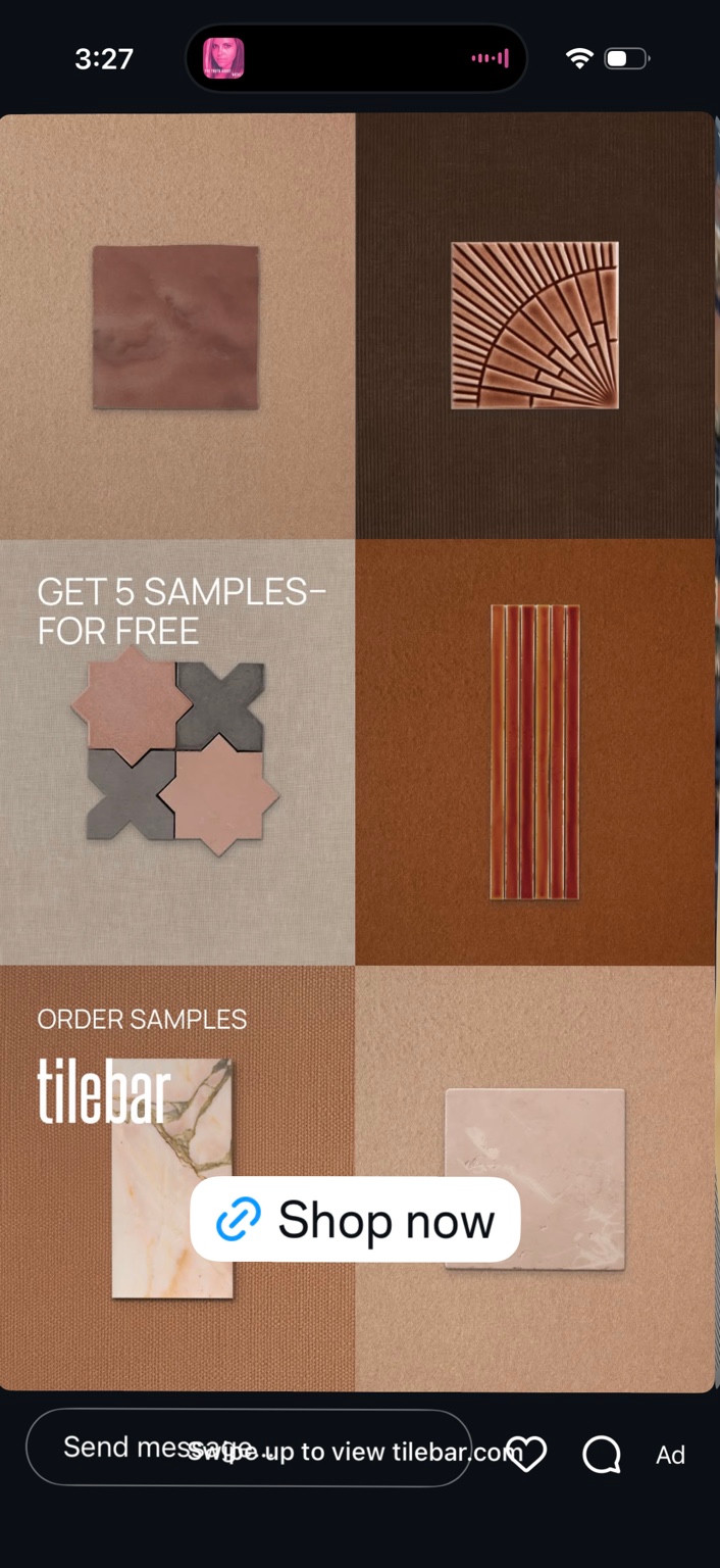 Tile sample collage in terracotta, rose, brown and pale neutral tones.