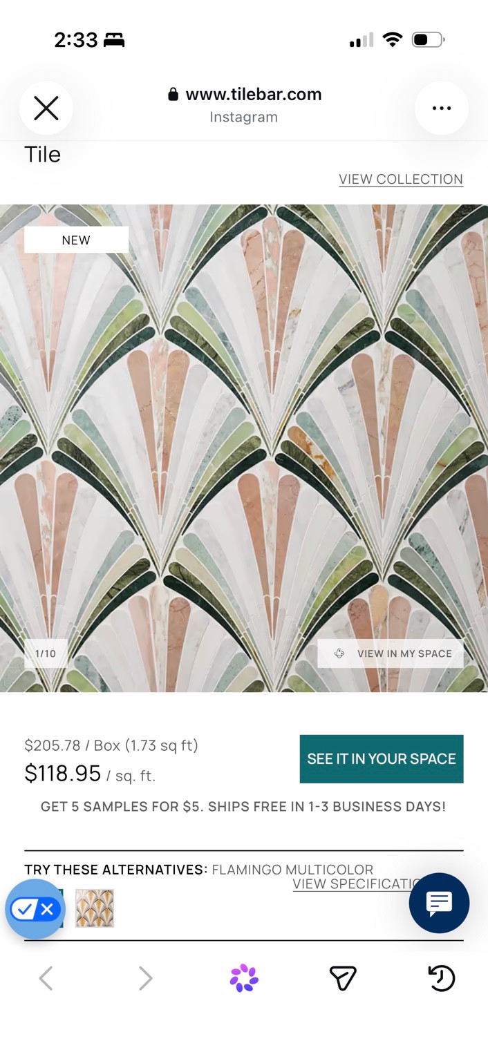 Fan-pattern mosaic tile in pink, green and white in a saved product screenshot.