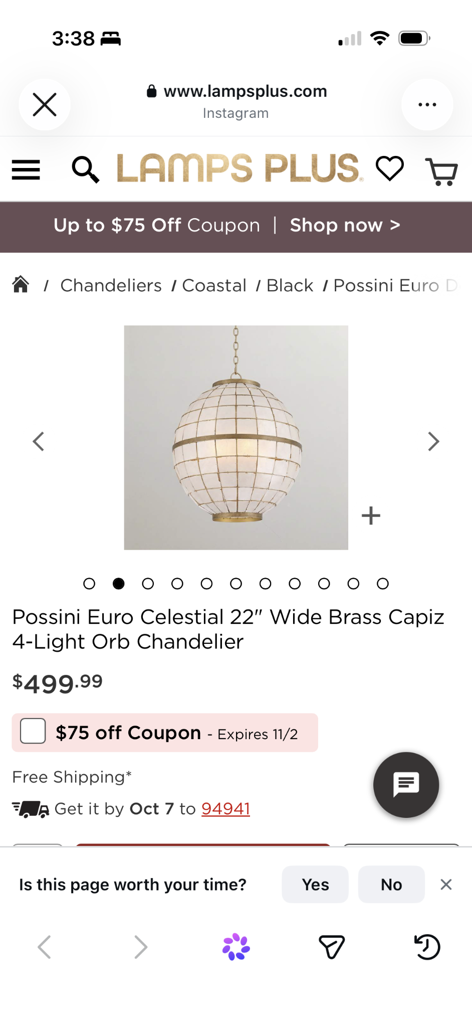 Brass-framed capiz globe chandelier in a saved product screenshot.