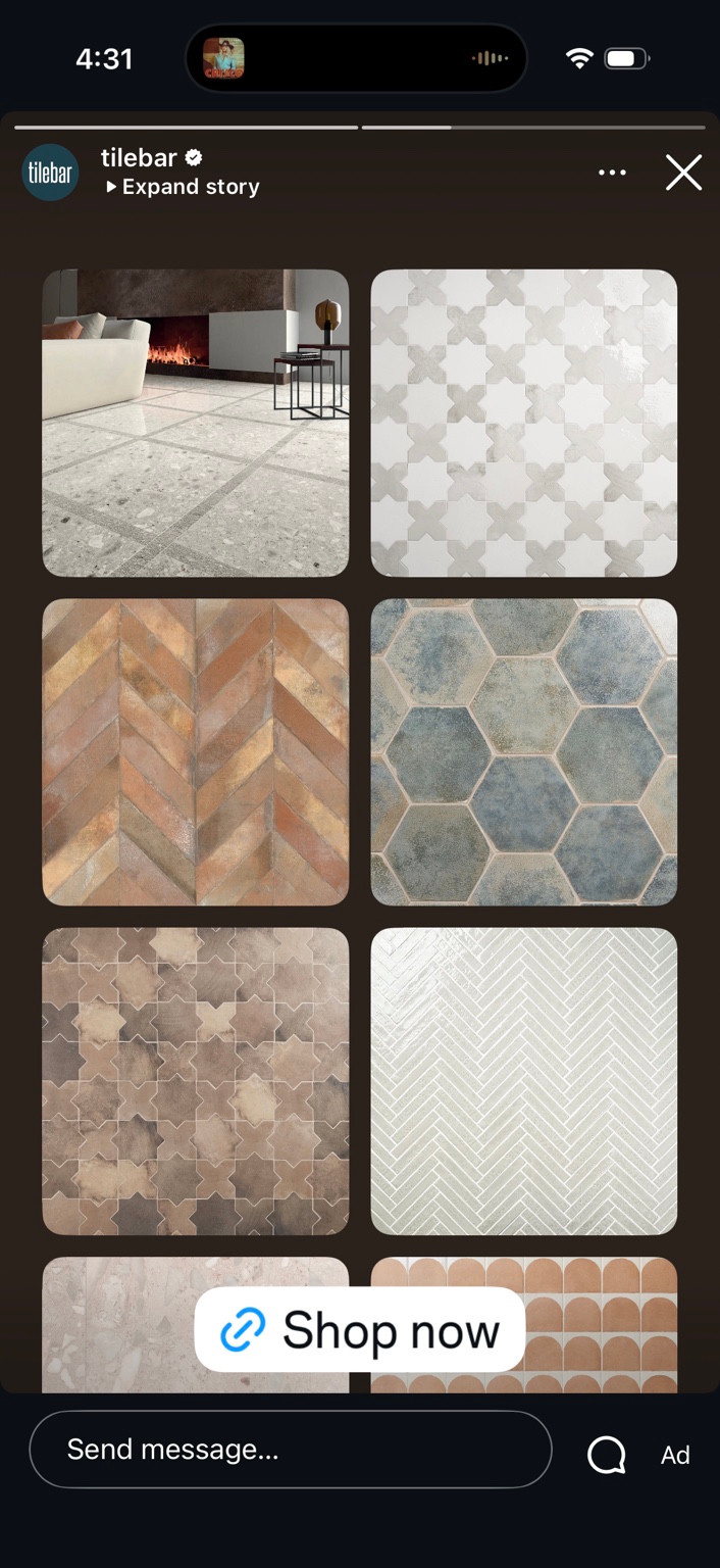 Tile collage with star-and-cross patterns, chevrons, blue hexagons and pale herringbone.