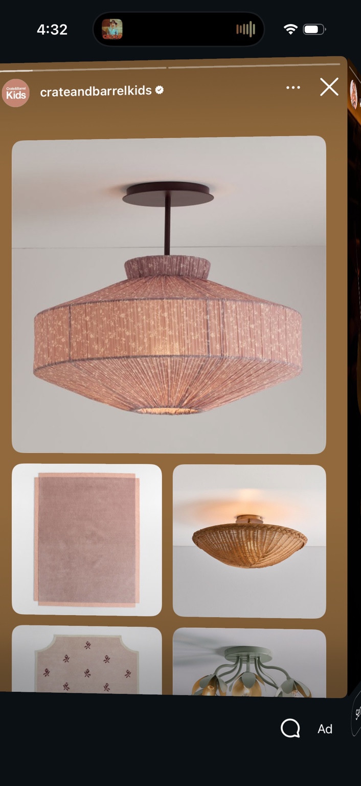 Woven pendant light with a pink rug and a woven flush-mount light in a decor collage.